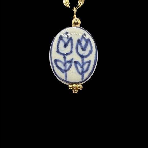 Blue and White Floral Ceramic Pendant on Stainless Steel Necklace - Picture 11 of 13